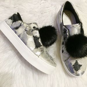 Silver/black metallic sheen Pom Pom shoes